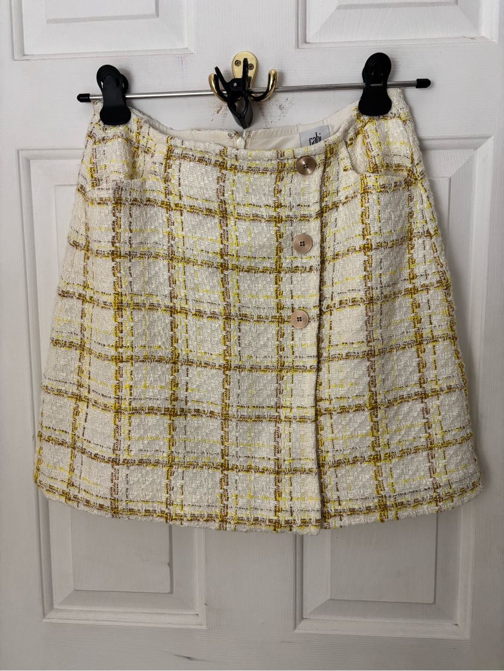 CAbi Cream Plaid Tweed A-Line Mini Skirt with Yellow & Brown Accents